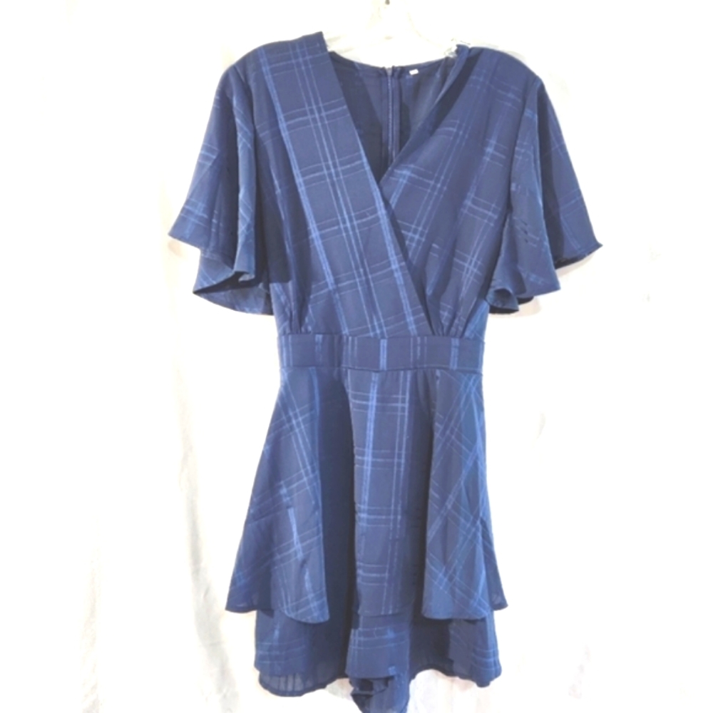 NAVY BLUE ROMPER V-NECK BAGGY SLEEVES WAIST TIE DOUBLE LAYER RUFFLE SIZE XL